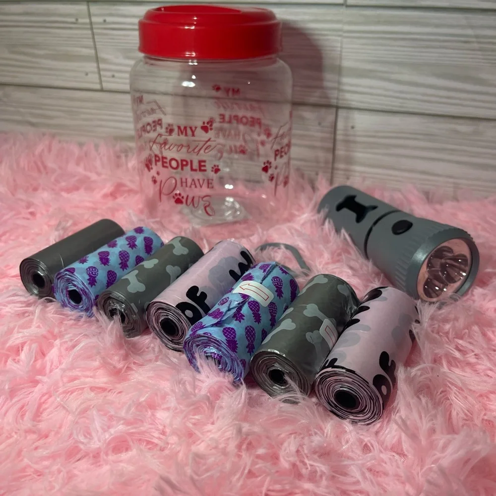 Doggy treat jar with doggie, waste bags bag dispenser with flashlight